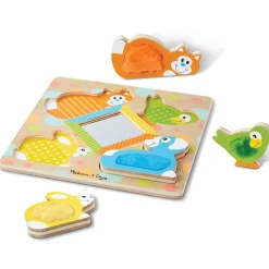 Animals & Nature Puzzles>Melissa & Doug First Play Wooden Touch and Feel Puzzle Peek-a-Boo Pets With Mirror