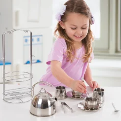 Play Food & Play Sets>Melissa & Doug Stainless Steel Tea Set with Storage Stand