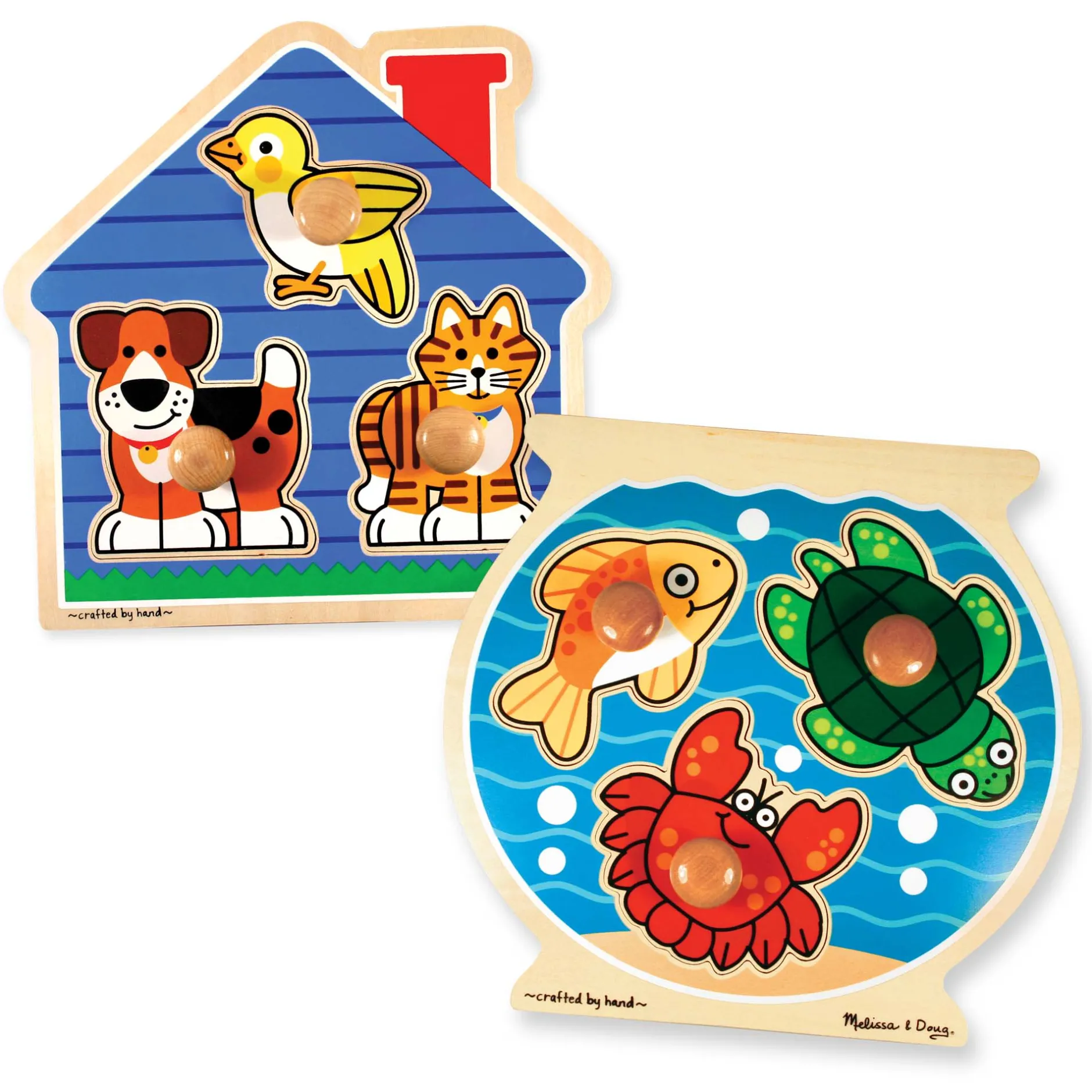 Animals & Nature Puzzles>Melissa & Doug Wooden Jumbo Peg Puzzle 2-Pack: Fish Bowl, House Pets