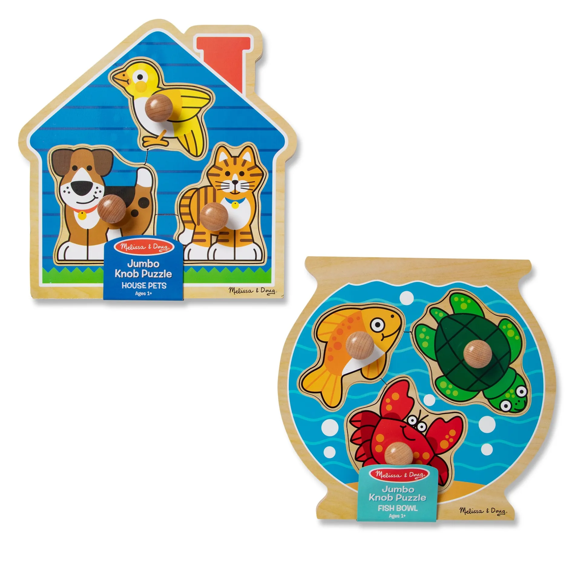 Animals & Nature Puzzles>Melissa & Doug Wooden Jumbo Peg Puzzle 2-Pack: Fish Bowl, House Pets