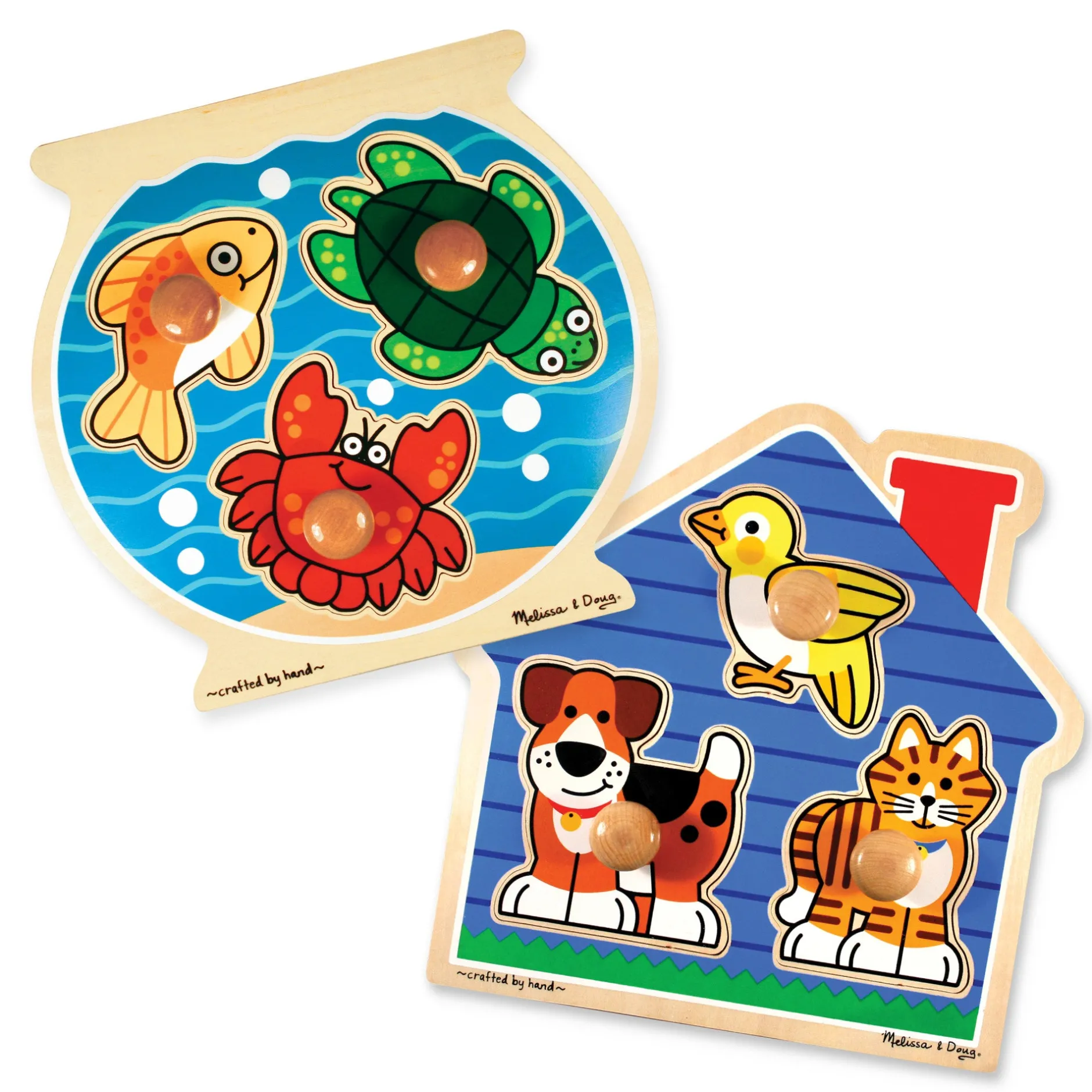 Animals & Nature Puzzles>Melissa & Doug Wooden Jumbo Peg Puzzle 2-Pack: Fish Bowl, House Pets