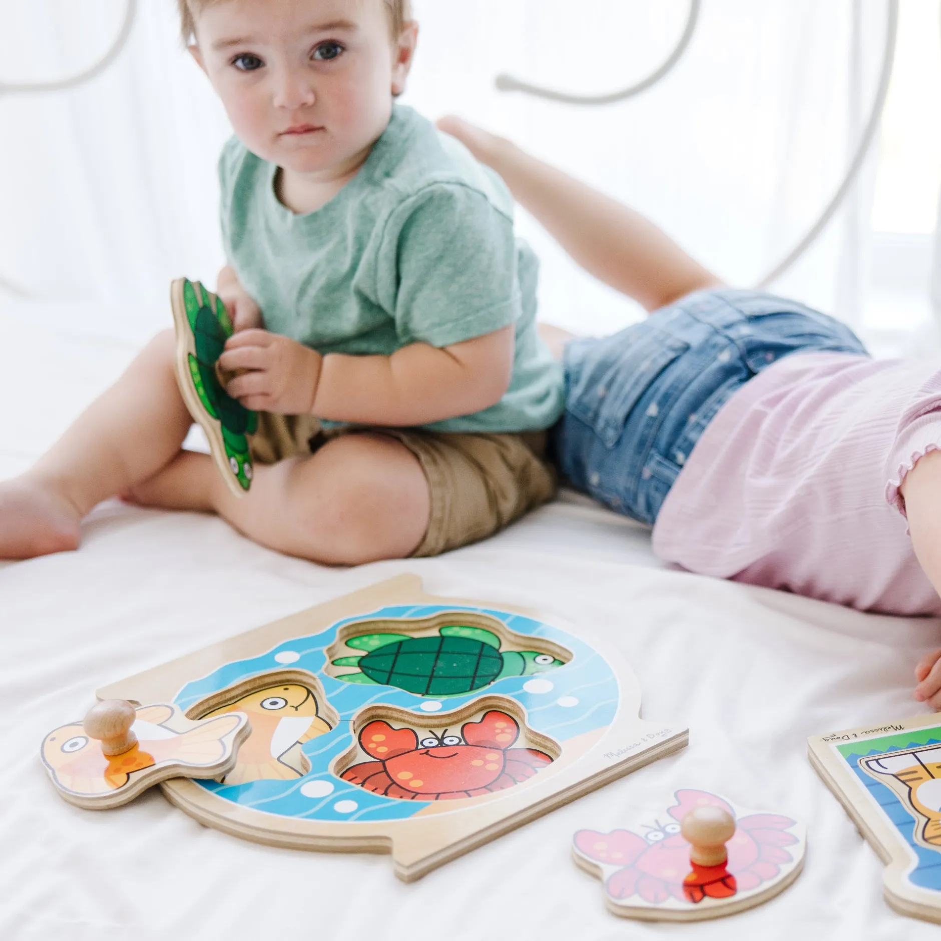Animals & Nature Puzzles>Melissa & Doug Wooden Jumbo Peg Puzzle 2-Pack: Fish Bowl, House Pets